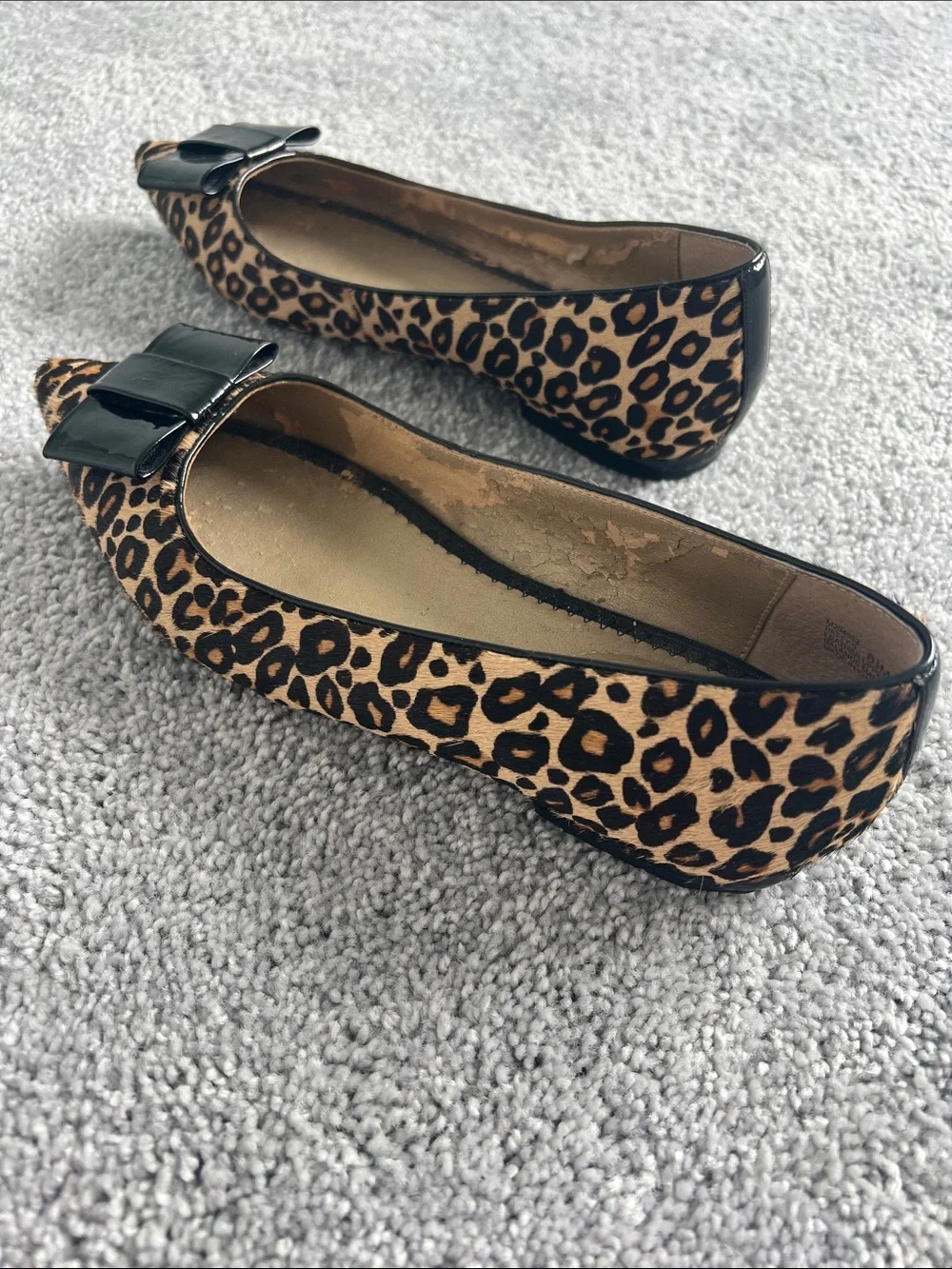 me too Leopard-Print Pointed Flats with Black Patent Bow